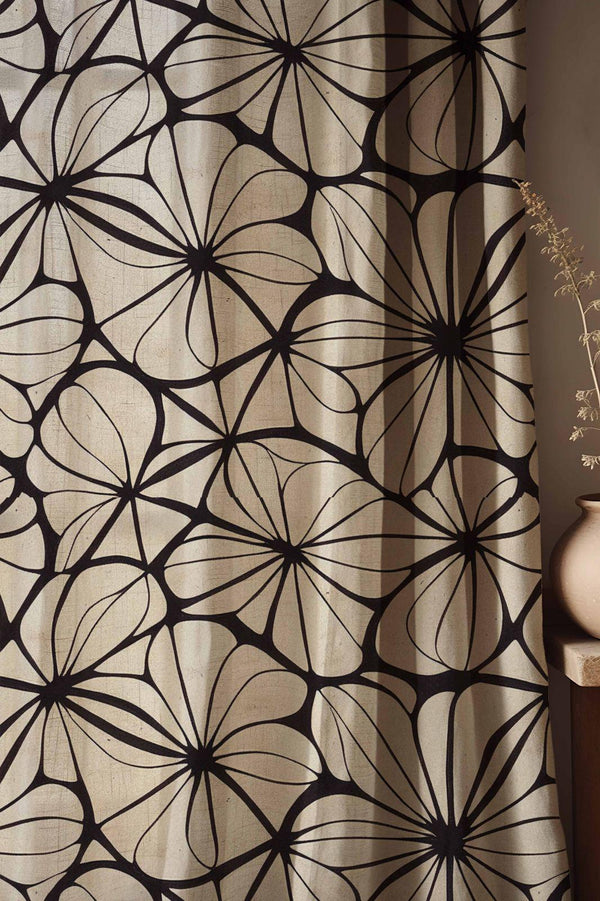Abstract Floral Linen Curtains: Black & Beige Graphic Print