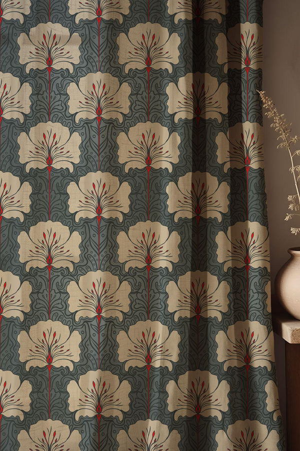Art Nouveau Floral Linen Curtains: Blue Beige Botanical Drapes