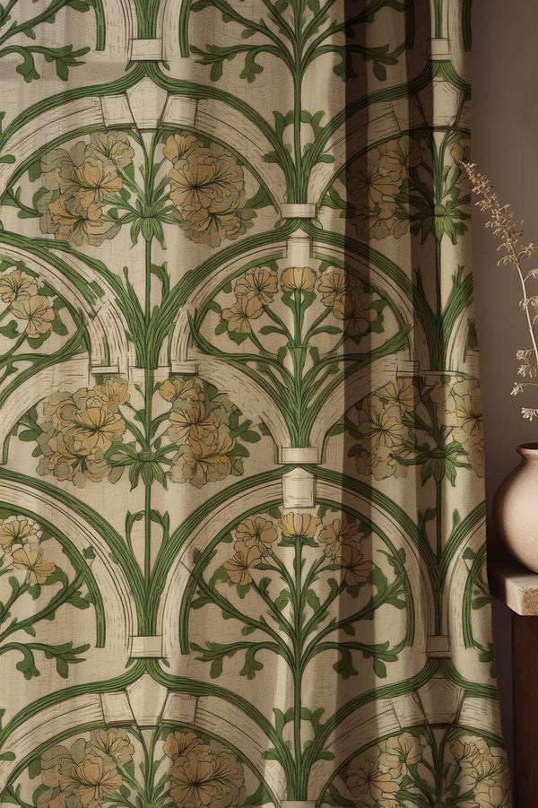 Art Nouveau Floral Linen Curtain: Green Botanical Arch Print