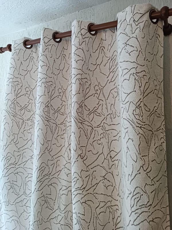 Beige Floral Textured Cotton Blend Curtains: Light Blocking Eyelet Drapes