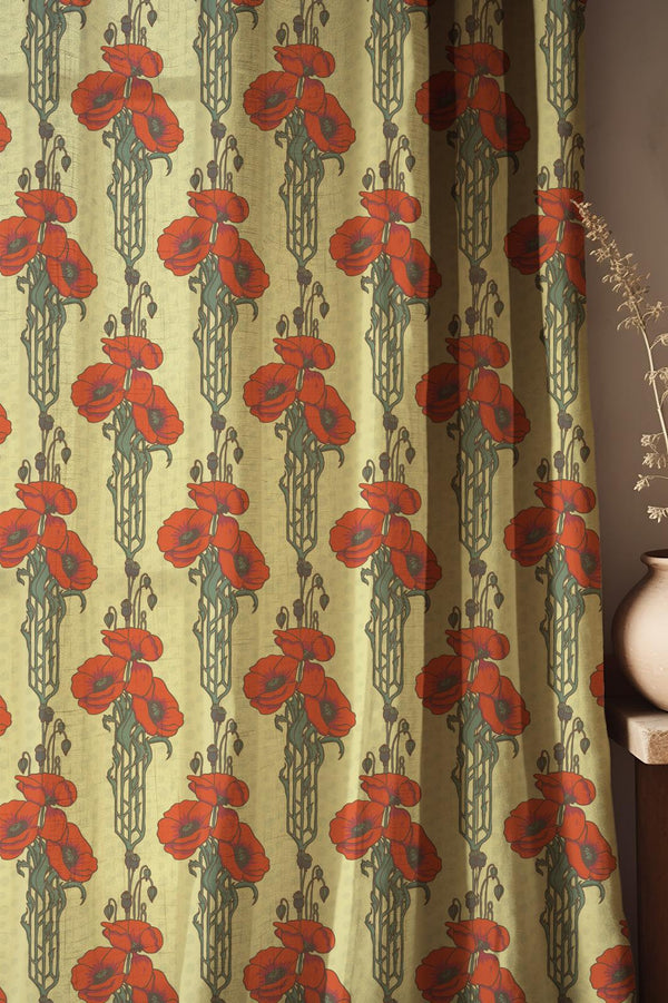 Art Nouveau Poppy Linen Curtain: Red Floral Botanical Drapes