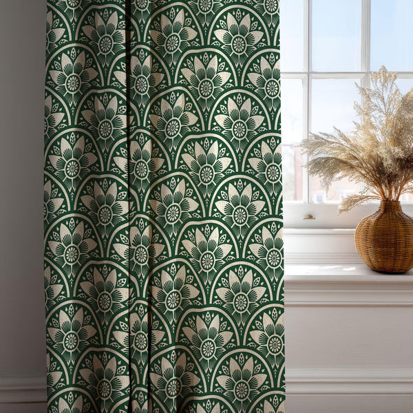 Art Nouveau Floral Curtain: Green Scallop Print Window Panel