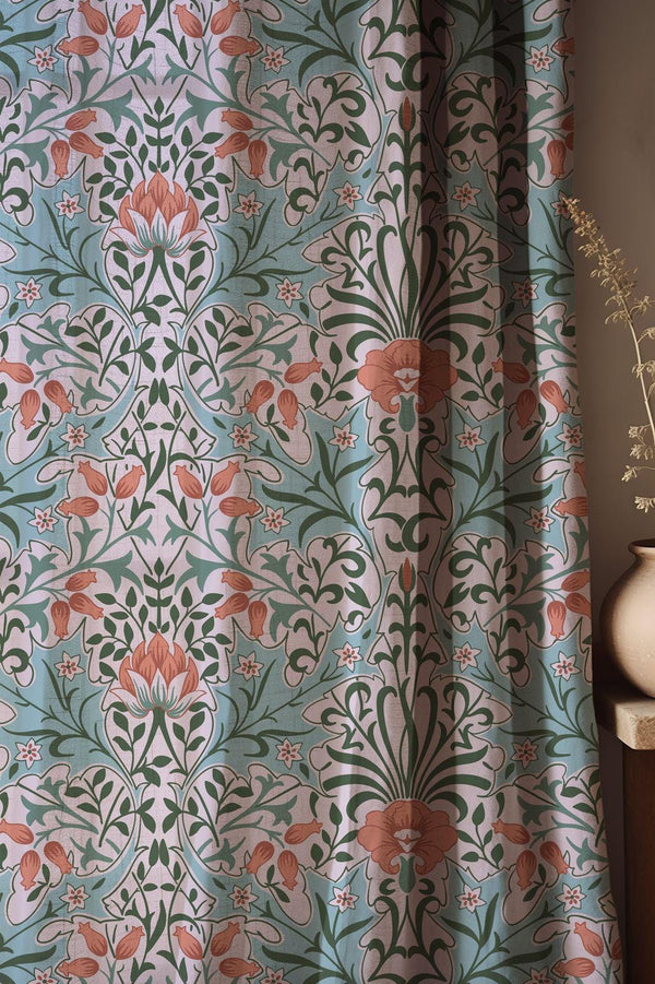 Art Nouveau Floral Linen Curtains - William Morris Style Drapes - Pastel Coral Green Window Treatment