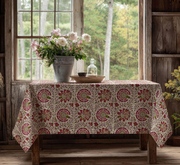Vintage Medallion Floral Linen Tablecloth: Red & Green Botanical Print, Cotton-Linen Blend