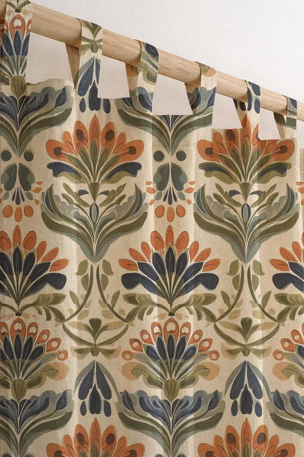 Art Nouveau Damask Linen Curtain, Teal Rust Orange Print Drapes, Stylized Floral Window Panel, Custom Size