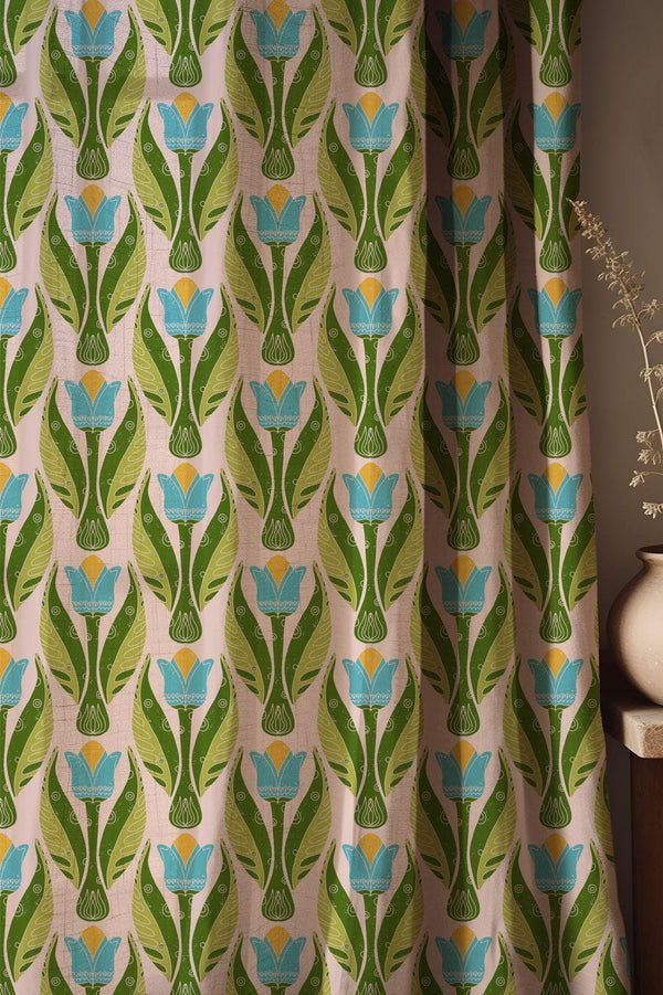 Art Nouveau Tulip Curtain, Botanical Print Cotton Linen Drapes, Scandi Style, Custom Size