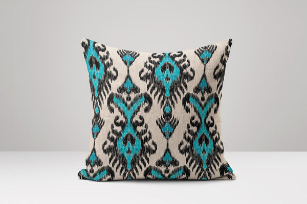 Teal Ikat Linen Pillow Cover: Elegant Throw Cushion