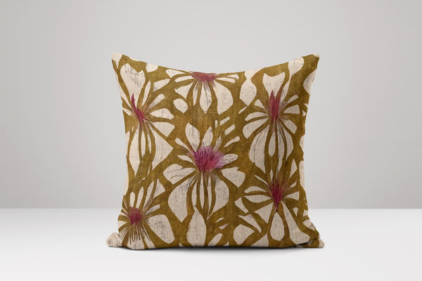 Green Ikat Floral Linen Pillow Cover: Rustic Accent Cushion