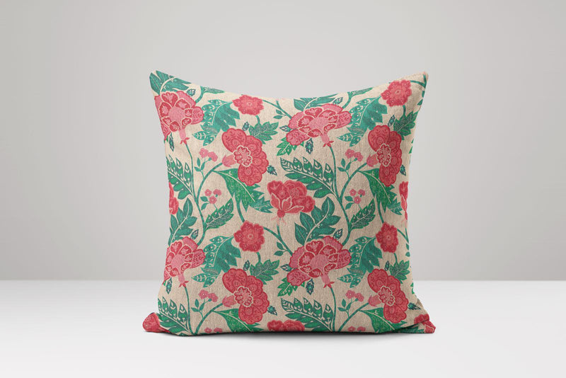 Floral Linen-Cotton Pillow Cover: Red & Green Botanical Design