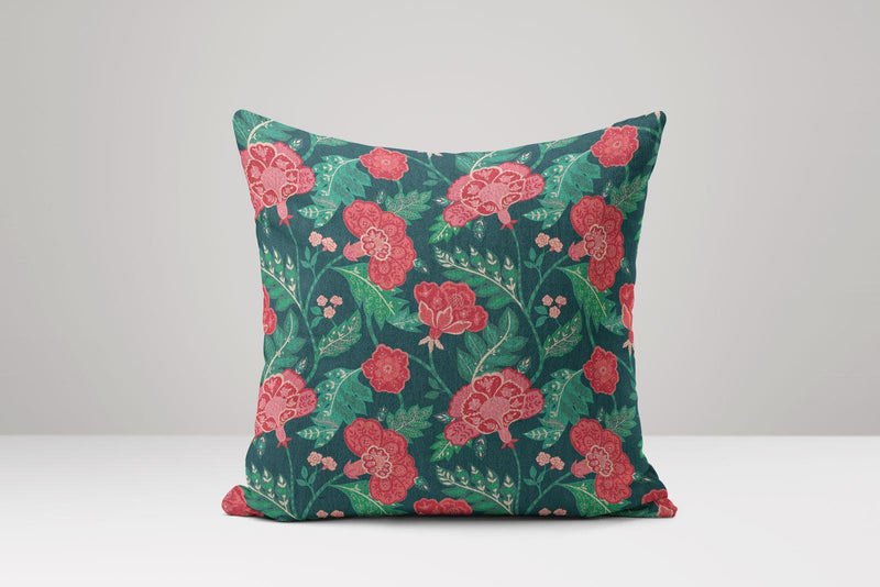 Red Floral Block Print Pillow Cover: Linen-Cotton Blend