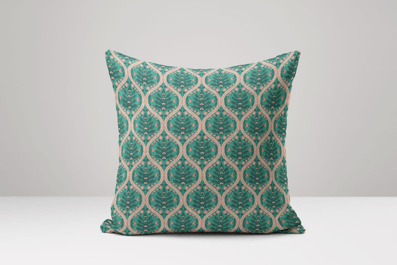 Green Floral Lattice Pillow Cover: Indian Block Print Linen-Cotton