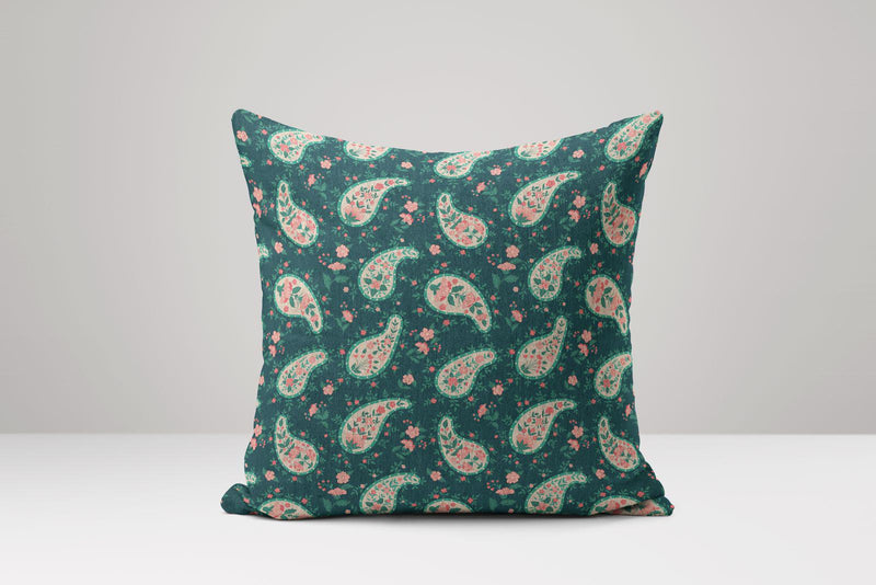 Green Paisley Pillow Cover: Indian Floral Block Print, Linen-Cotton Cushion