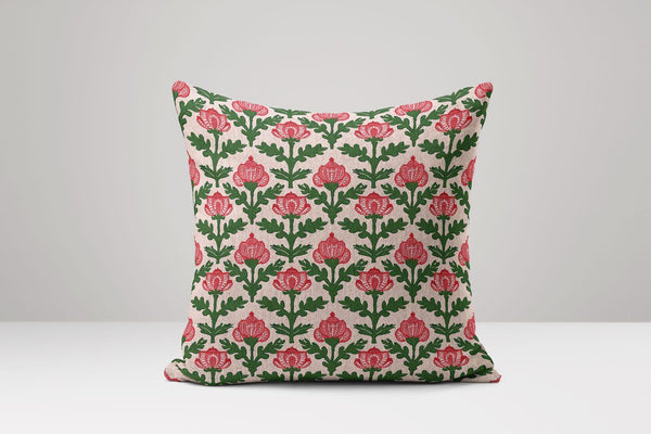 Floral Block Print Pillow Cover: Red & Green Linen-Cotton, Boho Decor