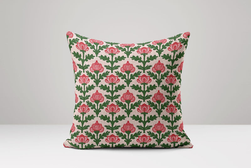Floral Block Print Pillow Cover: Red & Green Linen-Cotton, Boho Decor