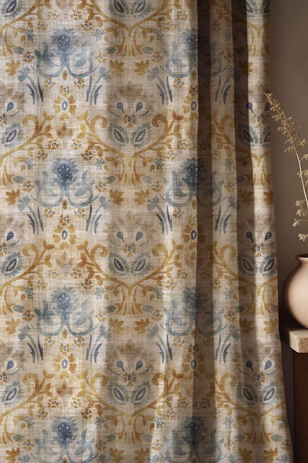 Floral Watercolor Linen-Cotton Curtains: Blue & Gold Vintage Style