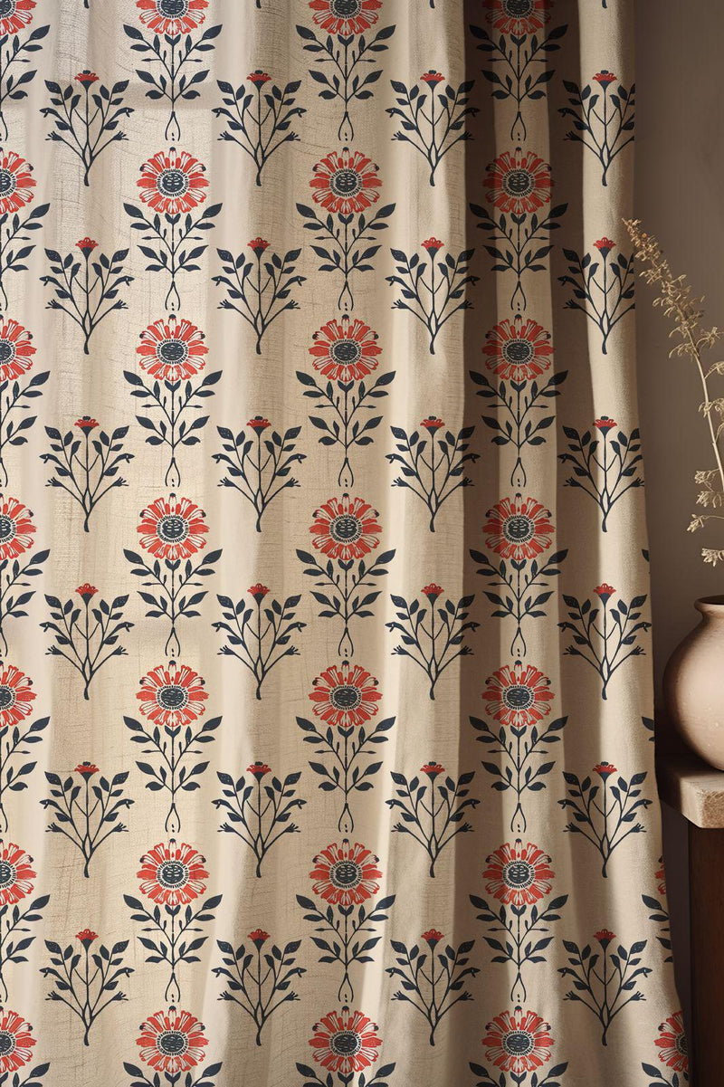 Floral Linen Curtains: Red Navy Botanical Print, Farmhouse Style