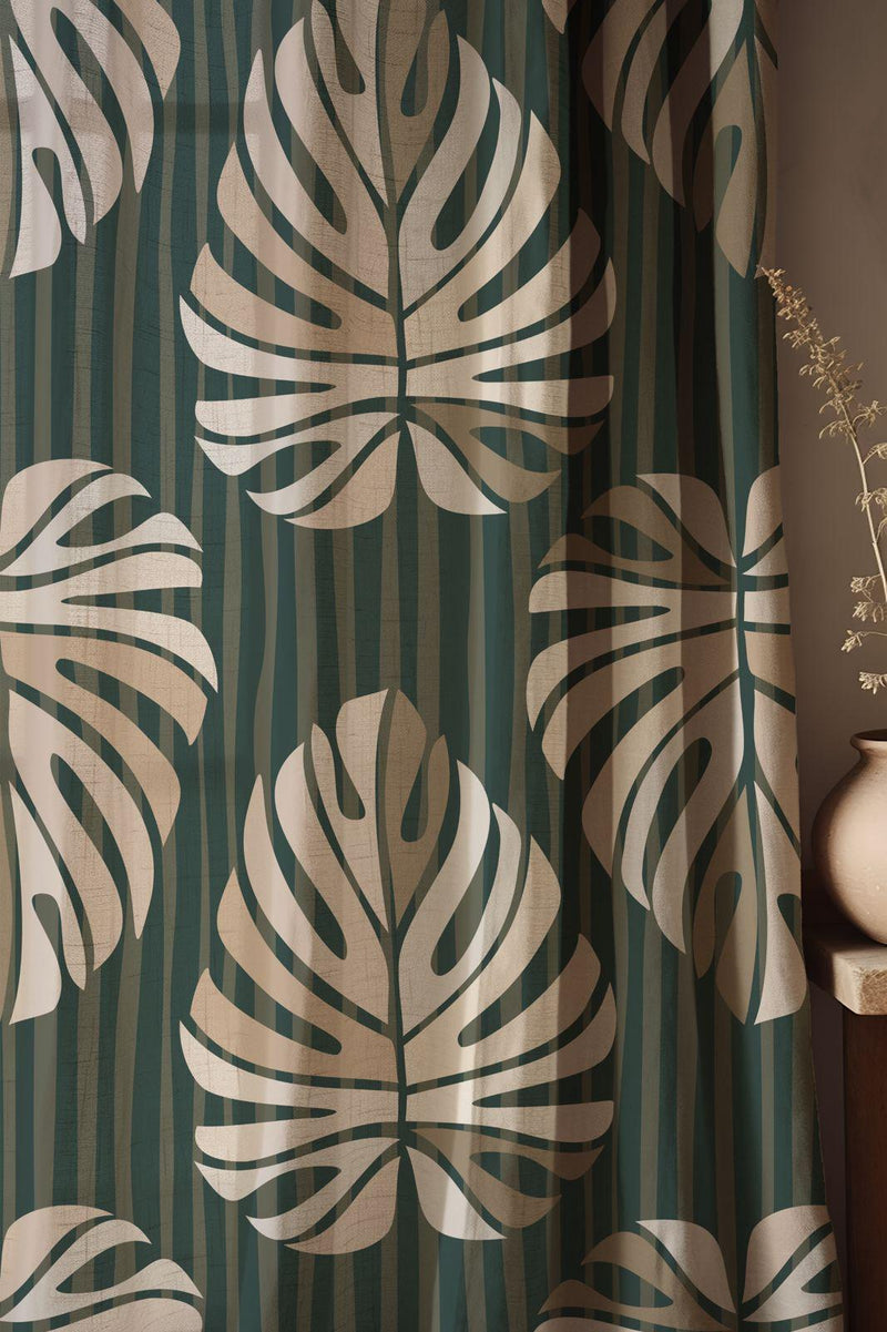 Monstera Leaf Linen-Cotton Curtains: Green Botanical Drapes