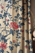 Vintage Floral Linen Curtains: Blue, Red Rose & Bird Botanical Drapes - Image 1