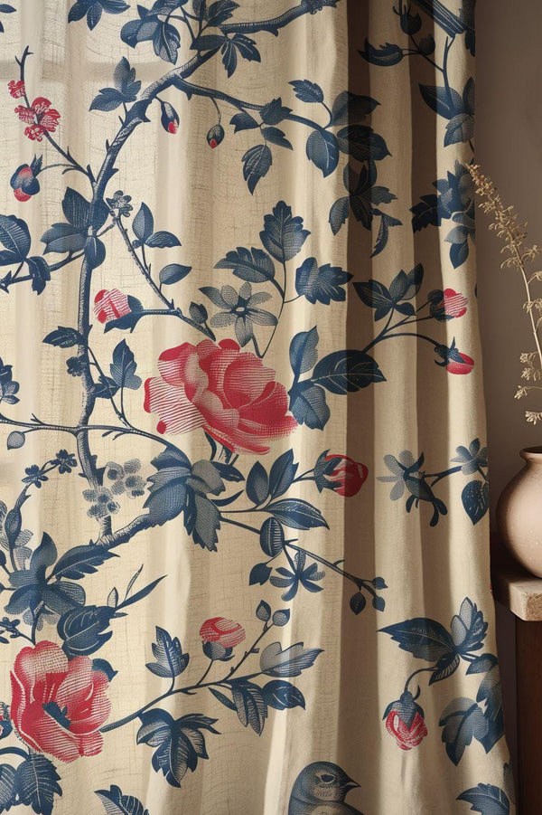 Vintage Floral Linen Curtains: Blue, Red Rose & Bird Botanical Drapes