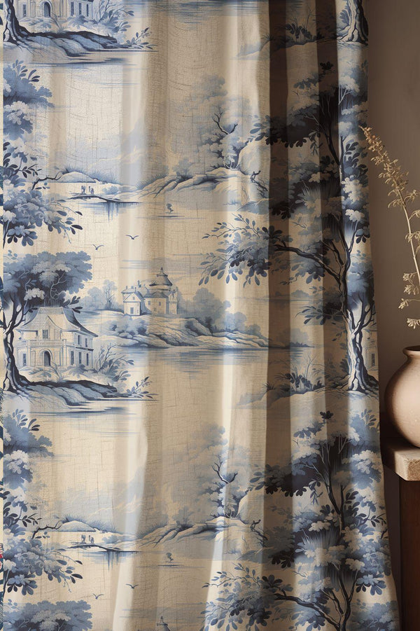 Elegant Toile Linen Curtains: Vintage Blue Landscape, French Country Decor