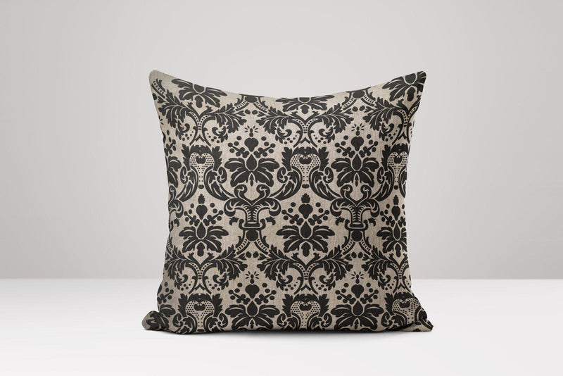 Black Baroque Damask Linen Pillow Cover: Vintage-Inspired Cushion