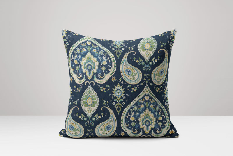 Navy Blue Paisley Linen Pillow Cover: Bohemian Damask Cushion
