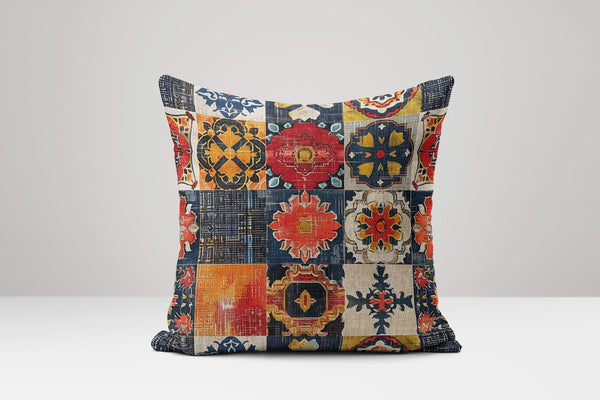 Bohemian Linen Pillow Cover: Multicolor Patchwork Tile Design