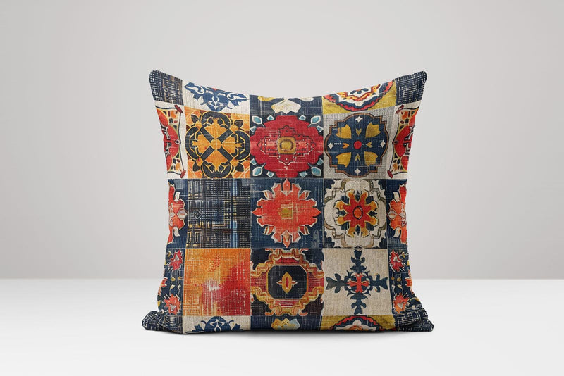 Bohemian Linen Pillow Cover: Multicolor Patchwork Tile Design