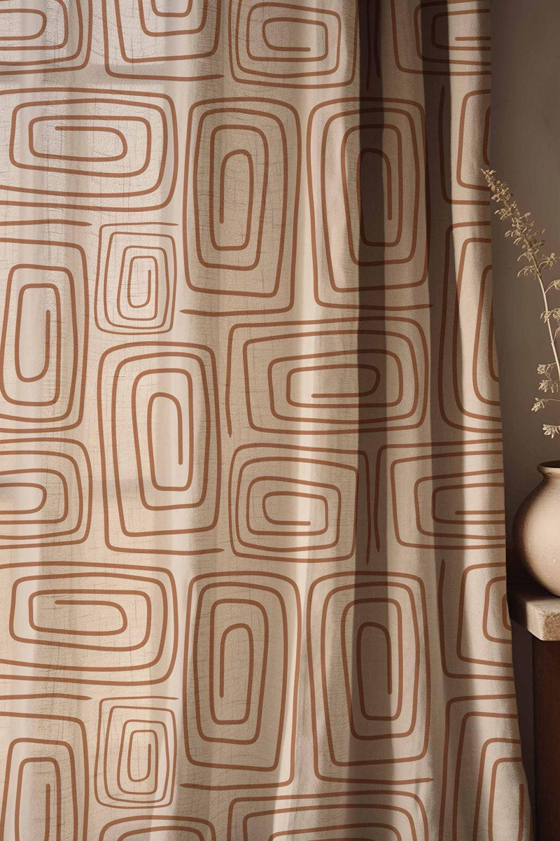 Mid-Century Modern Linen Curtains: Geometric Retro Print, Earthy Tones
