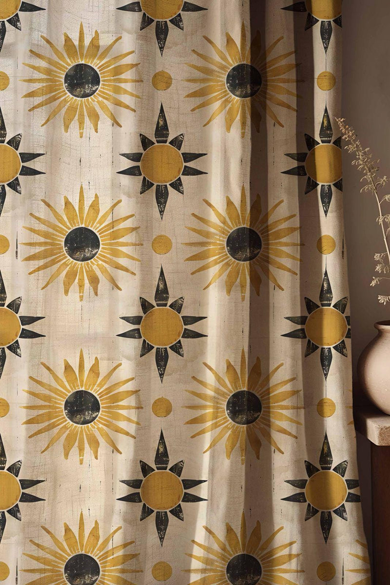 Boho Sunburst Linen Curtains: Celestial Sun & Moon Drapes