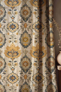 Baroque Floral Linen Curtains: Gold & Blue Damask, Boho Chic Drapes - Image 1