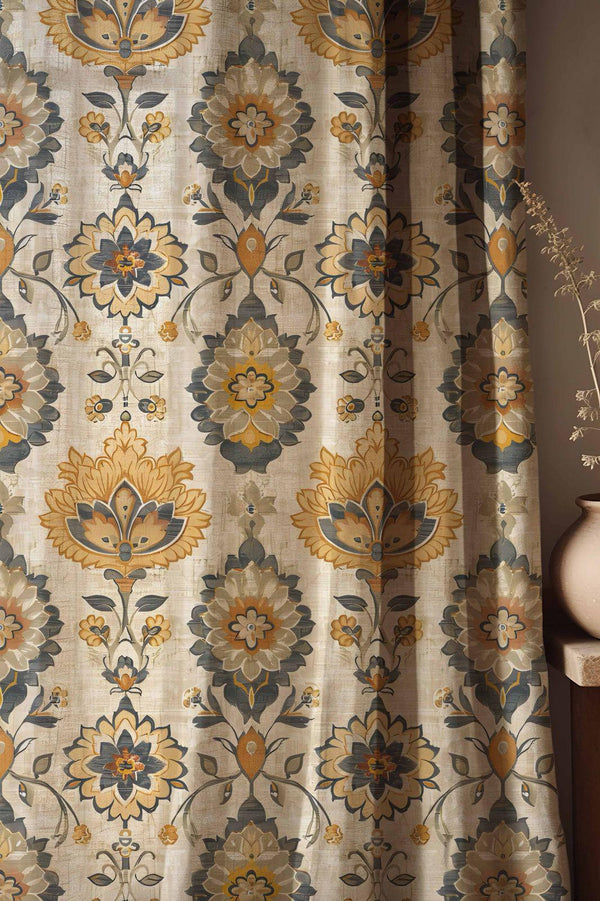 Baroque Floral Linen Curtains: Gold & Blue Damask, Boho Chic Drapes