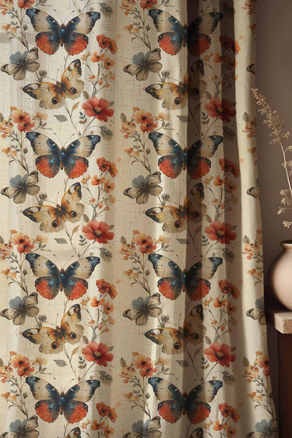 Butterfly Linen Curtains: Vintage Floral Print, Cottagecore Drapes