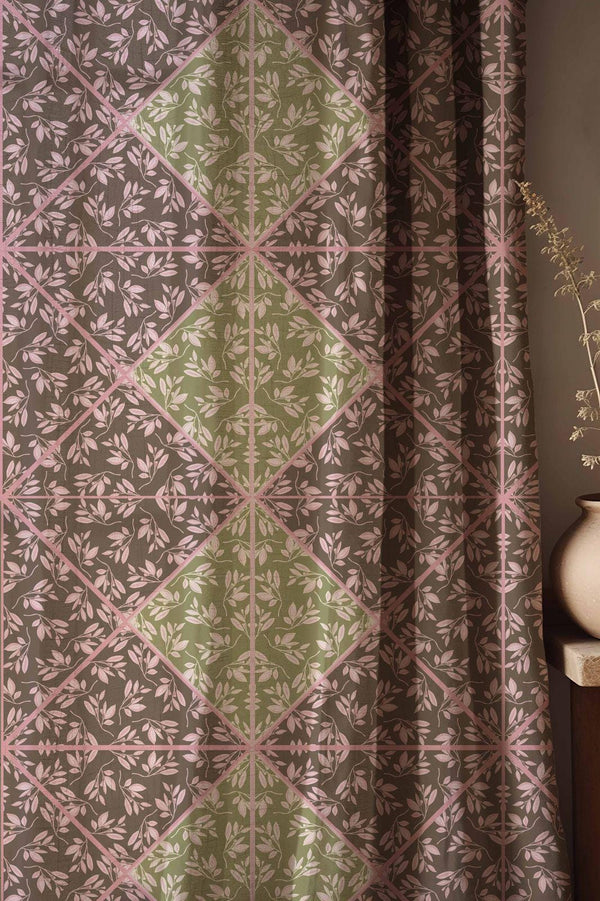Vintage Botanical Linen Curtains: Pink & Olive Trellis Drapes