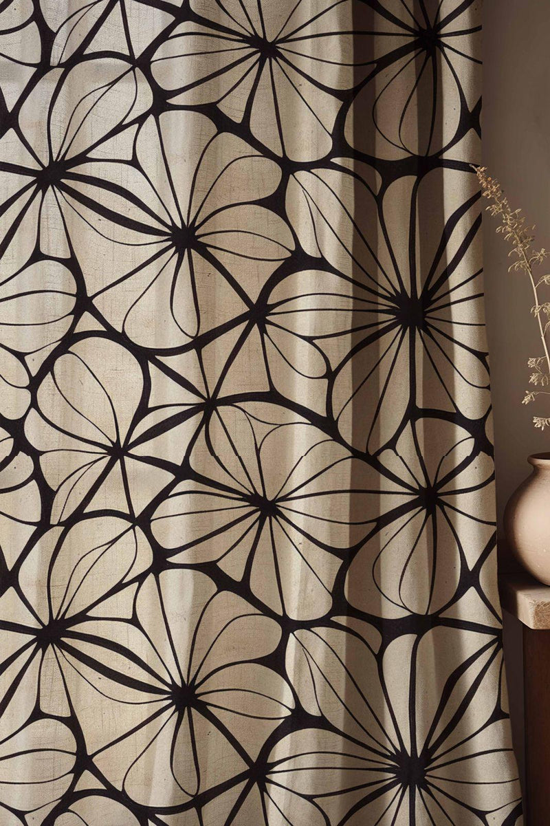 Abstract Floral Linen Curtains: Black & Beige Graphic Print