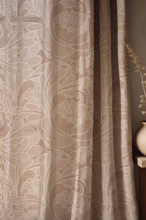 Elegant Lace-Inspired Linen Curtains - Delicate Floral Pattern in Soft Beige & Ivory - Romantic Vintage Drapes