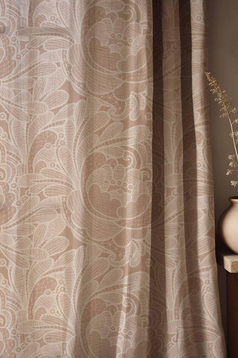 Elegant Lace-Inspired Linen Curtains - Delicate Floral Pattern in Soft Beige & Ivory - Romantic Vintage Drapes