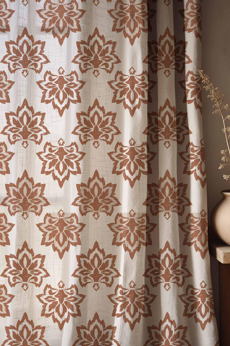 Vintage Damask Linen Curtains: Terracotta Floral Boho Chic Drapes