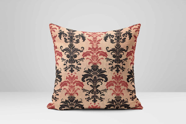 Victorian Damask Pillow Cover: Rustic Beige, Black & Red Floral