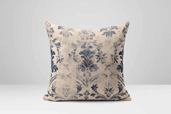Blue Floral Damask Pillow Cover: Aged French Country Style
