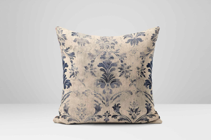 Blue Floral Damask Pillow Cover: Aged French Country Style
