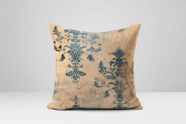 Blue Damask Pillow Cover: Rustic French Country Linen Cushion