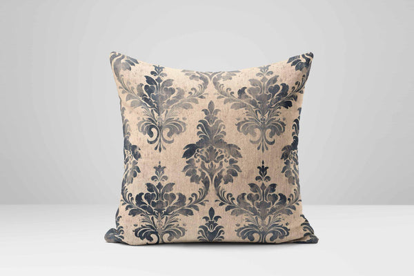 Damask Pillow Cover: Faded Black & Beige Cotton Linen Cushion