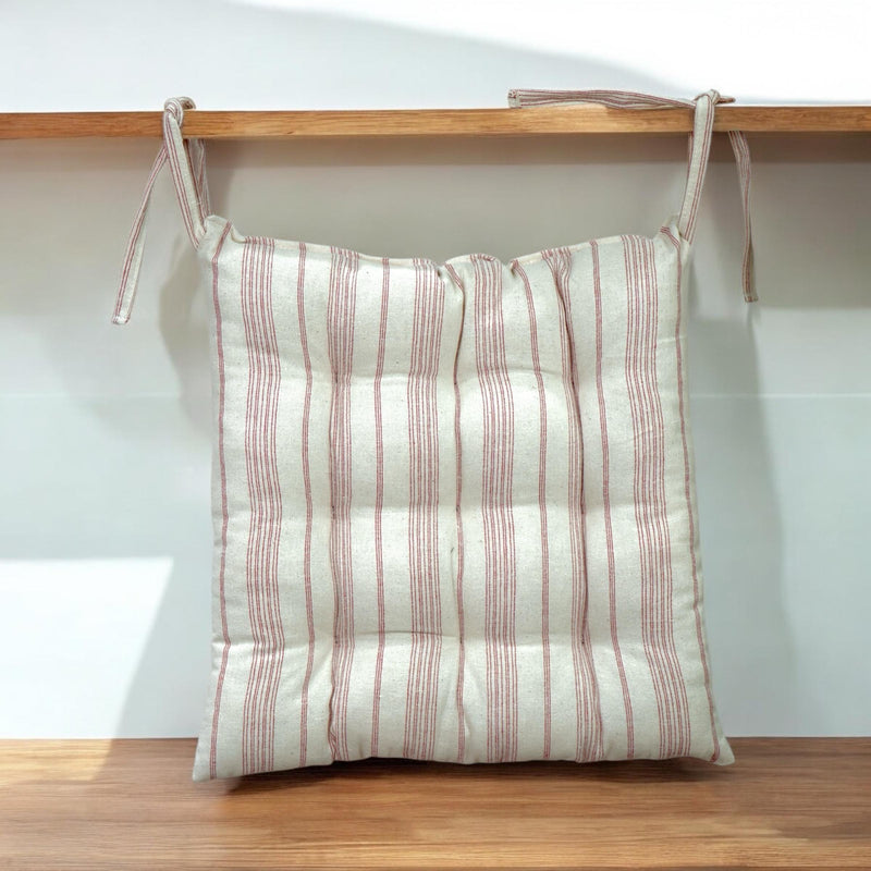 Striped Linen Chair Cushion with Ties: Farmhouse Seat Pad