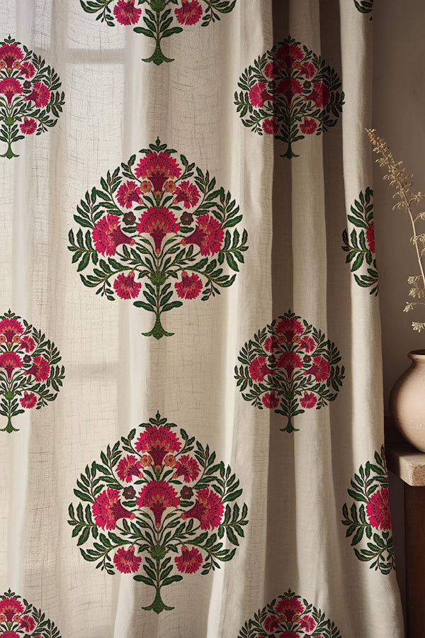 Boho Floral Linen Curtain - Digital Print Drapes for Rustic & Vintage Home Decor