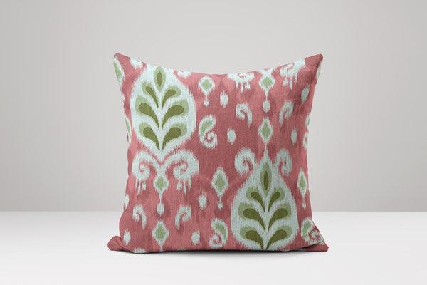 Boho Pink Ikat Linen Pillow Cover: Green Leaf Throw Cushion