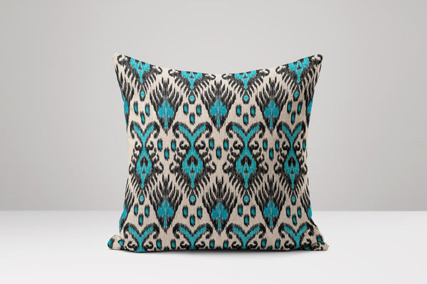 Turquoise Ikat Pillow Cover: Boho Linen Cushion