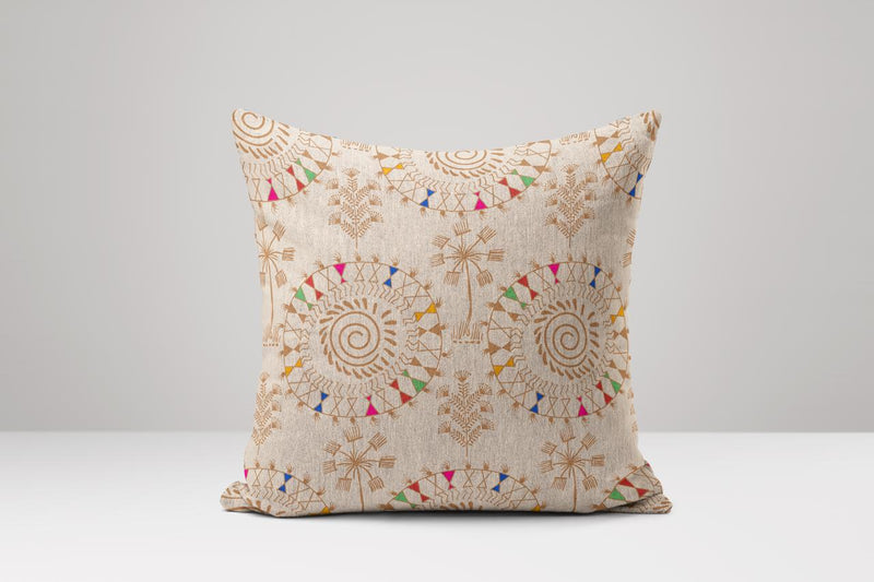 Beige Linen Pillow Cover: Boho Ikat Spiral Mandala Design