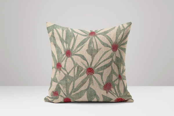Ikat Floral Linen Pillow Cover: Green, Red Botanical Design