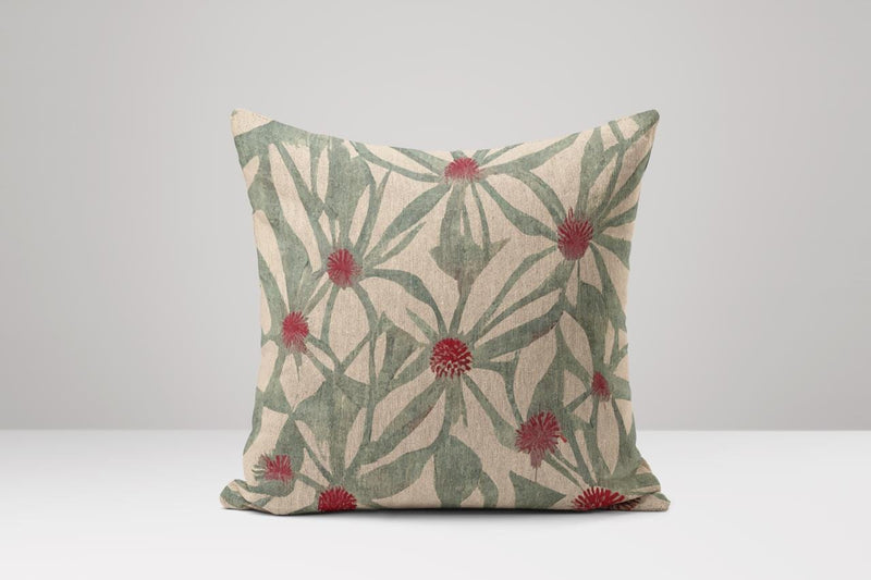 Ikat Floral Linen Pillow Cover: Green, Red Botanical Design